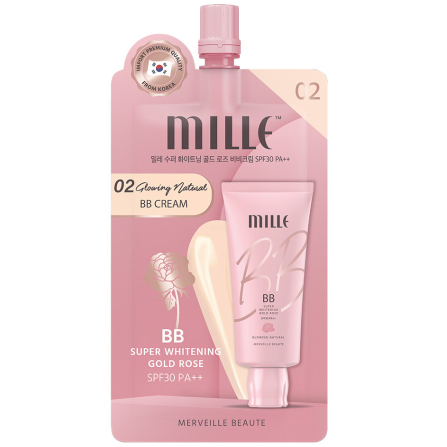 (แบบซอง) MILLE Super Whitening Gold Rose BB Cream SPF30 PA++ 6G. #02 Glowing Natural MILLE บีบีครีม บีบีเบาสบายผิว เนียนเรียบ กระจ่างใส สี 02 Glowing Natural