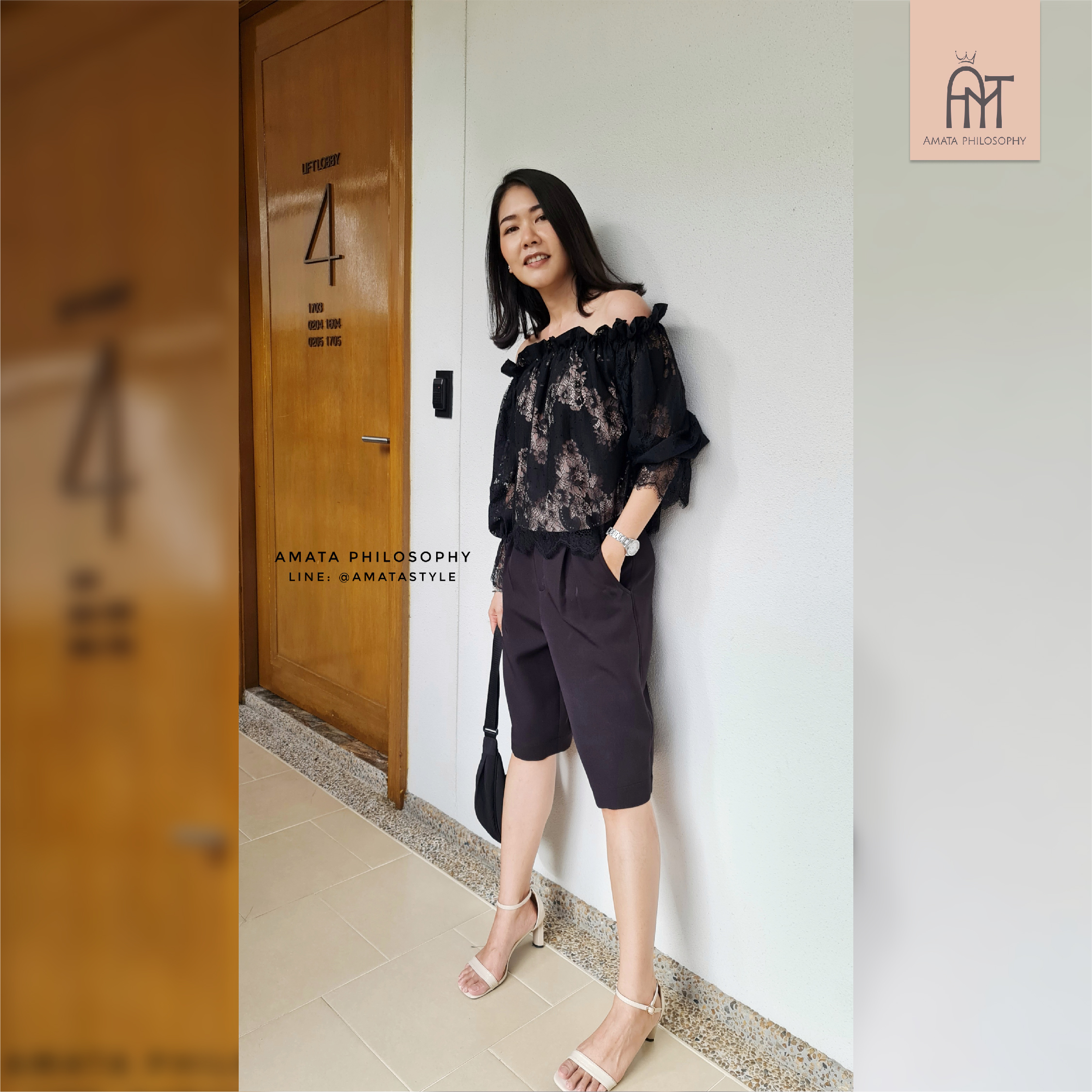 AMATA กางเกงขาสั้นเอวสูง DIRTY COFFEE สีดำ สีขาว