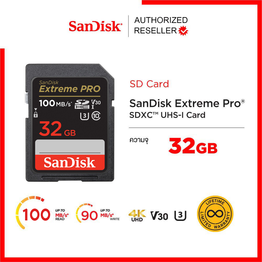 SanDisk Ultra SD Card ClassU3 32GB Speed 100MB/s / 90MB/s R/W (SDSDXXO-032G-GN4IN) SDXC เมมโมรี่การ์ด สำหรับ SDCARD กล้องมิลเลอร์เลส DSLR Mirrorless ประกันตลอดอายุการใช้งาน