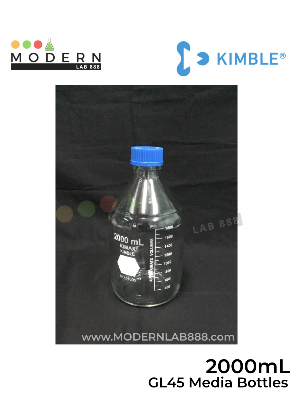 2000 mL ขวดมีเดีย / GL45 Media Bottles with Blue PP Caps