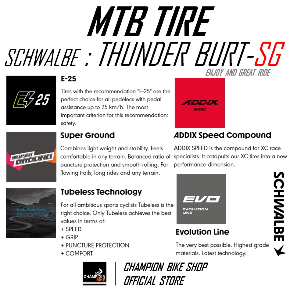 ยางเสือภูเขา27.5 ยางอีไบค์27.5 SCHWALBE : THUNDER BURT-SUPER GROUND TLE 27.5x2.10 TUBELESS MTB TIRE ขอบพับ