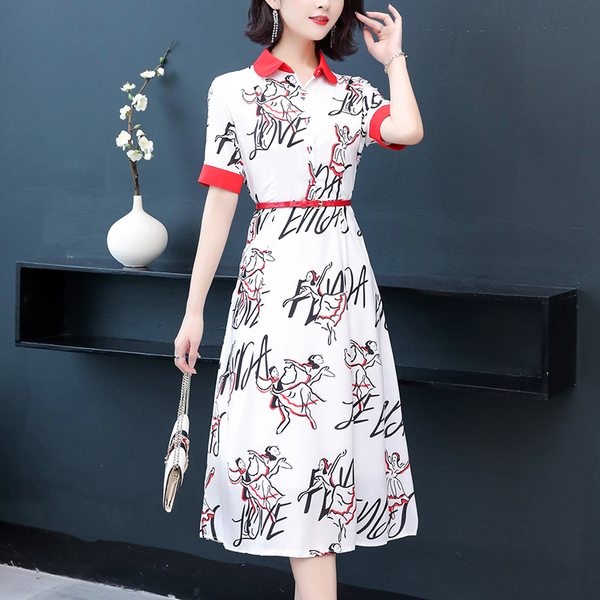 ชุดเดรสใส่ทำงาน สีขาว ผ้าโพลีเอสเตอร์ผสม พิมพ์ลายคนเต้นรำ ลายเก๋ดีค่ะ ส่งฟรี ems