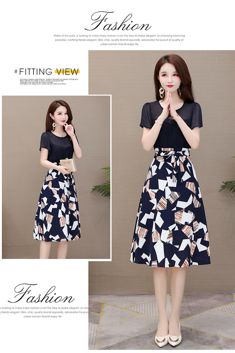 ชุดเดรสสีกรมท่า ชุดเดรสใส่ทำงาน ตัวเสื้อผ้าชีฟองสีกรมท่า เย็บต่อกับกระโปรงผ้าชีฟองพิมพ์ลายตามแบบ ส่งฟรี ems