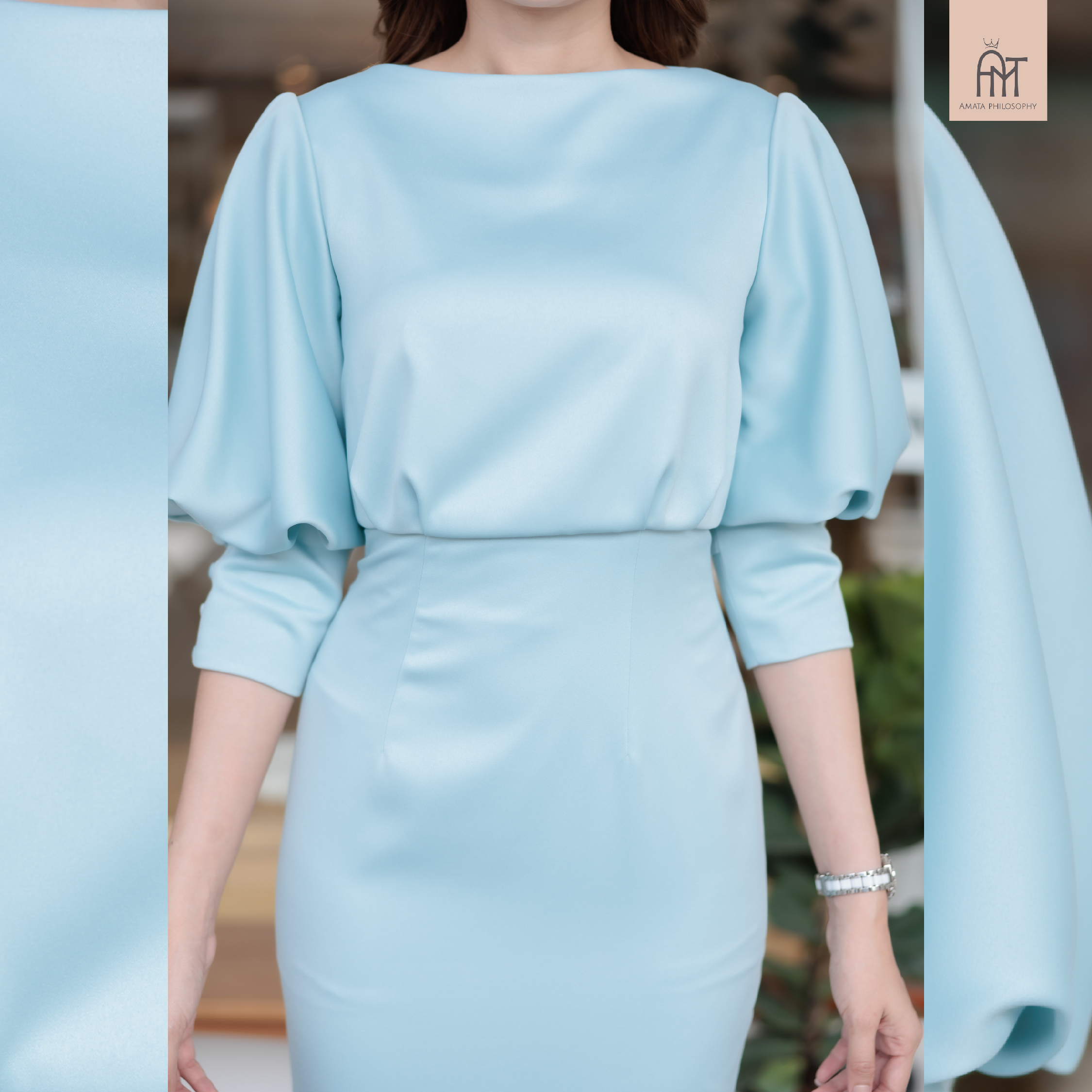 AMATA เดรสแขนพอง สีฟ้า