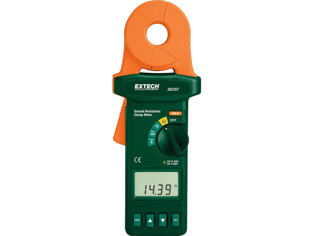 Extech กราวด์แคลมป์มิเตอร์ - ความต้านทานพื้นสูงสุด: 1500 โอห์ม, ความต้านทานพื้นต่ำสุด: 0.025 โอห์ม, ความละเอียด: 0.002 โอห์ม