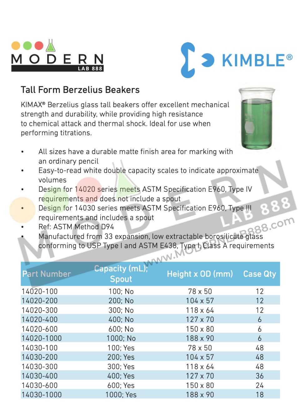 600ml. บีกเกอร์ทรงสูง "แบบมีปาก" / 600ml. Tall Form Berzelius Beakers with Spout