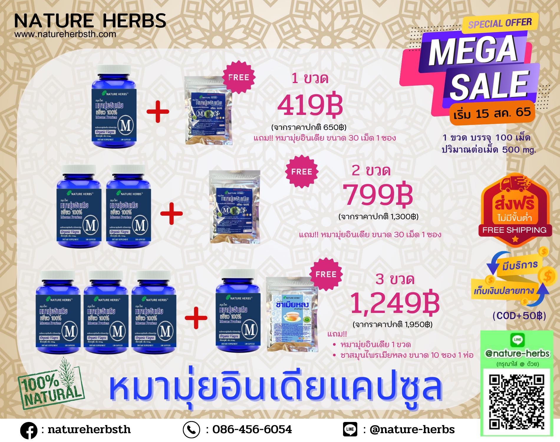 สมุนไพรหมามุ่ยอินเดียแคปซูล (ขนาดทดลอง) 50 เม็ด