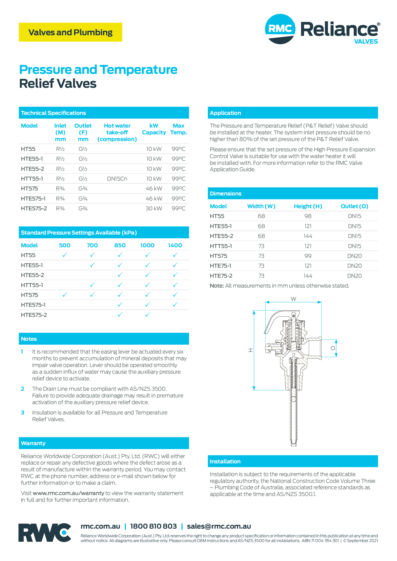 Pressure and Temperature Relief Valves 1/2" RMC HT55