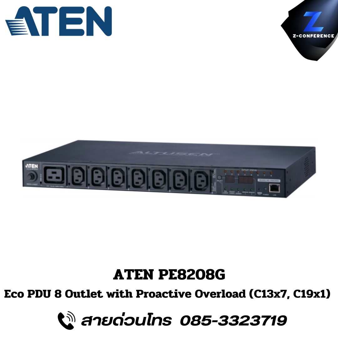ATEN PE8208G Eco PDU 8 Outlet 1U Rack with Proactive Overload (C13x7, C19x1) Power Distribution Unit ระบบ ปิด-เปิด ไฟฟ้าอัจฉริยะ