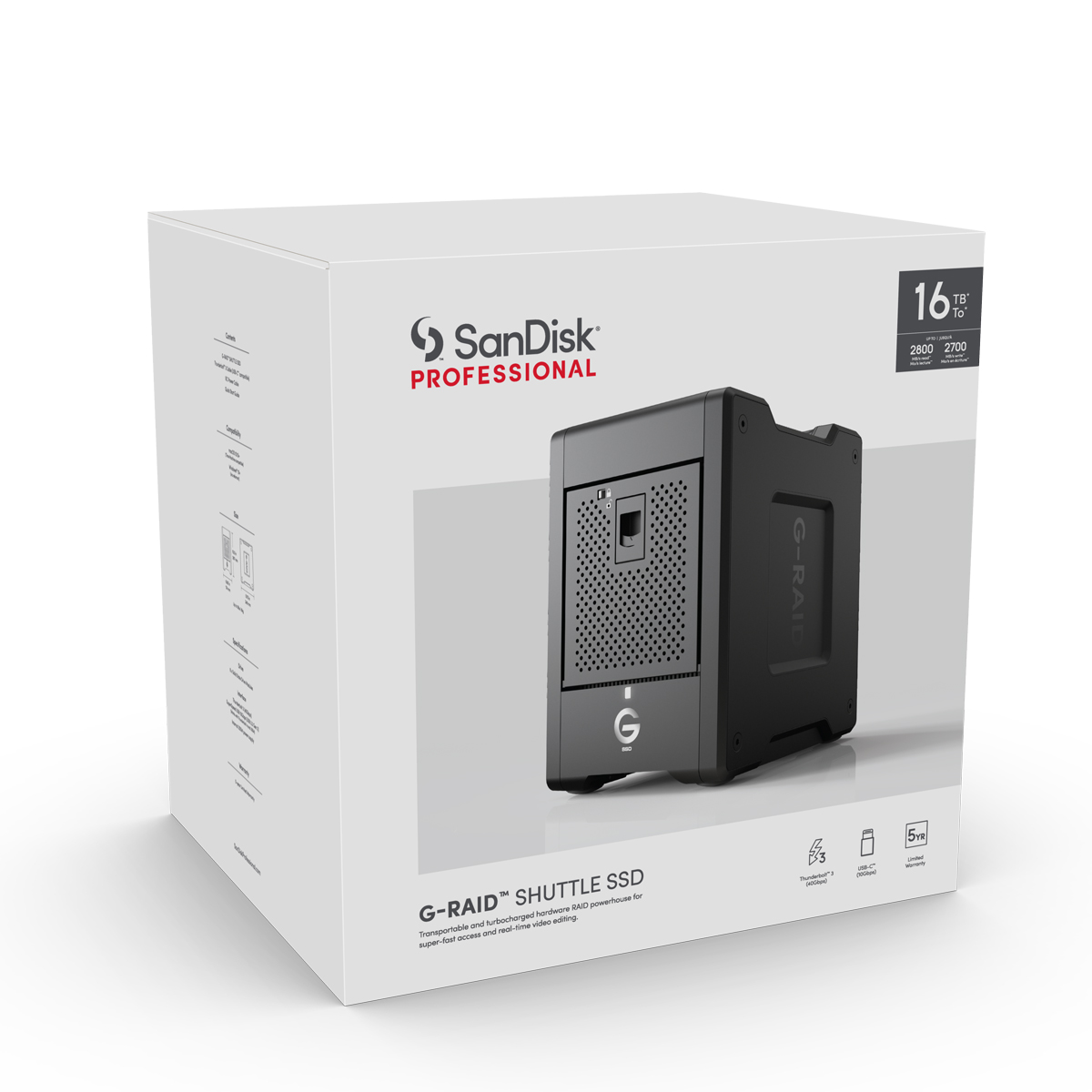 G-RAID SHUTTLE SSD 8TB ,16TB, 32TB (SDPS24H) Transportable, 8-bay External Solid State Drive; Thunderbolt 3 and USB-C; hardware RAID; up to 2800MB/s read SanDisk Professional
