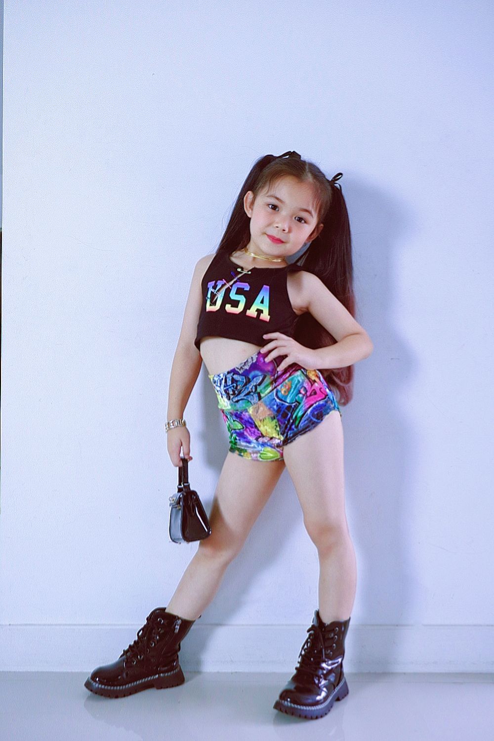 KS20/✨พร้อมส่ง✨ชุดเด็กผู้หญิง เสื้อดำ USA+กางเกงสีสัน/กำมะหยี่