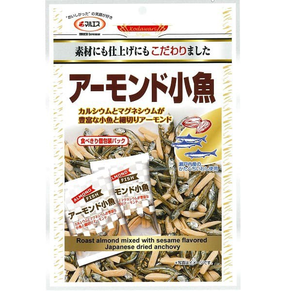 Almond Kozakana Fish Maruesu มารุอิสุ ปลาตัวเล็กกับอัลมอนด์อบ อร่อยกรอบมีแคลเซียมสูง อัลมอนด์ผสมปลากรอบปรุงรส ห่อใหญ่42g