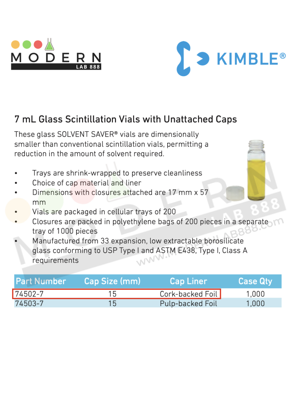 7 mL Scintillation Vials with Unattached Caps (200ขวด/แพ็ค)