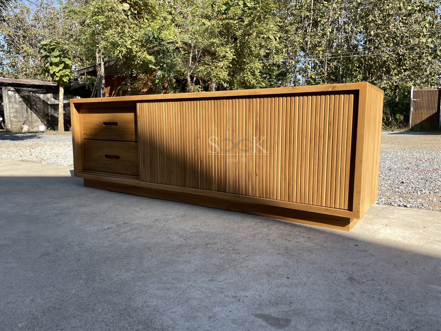 ไซด์บอร์ดบานสไลด์ซี่แบน 2 ลิ้นชัก (สีสัก)