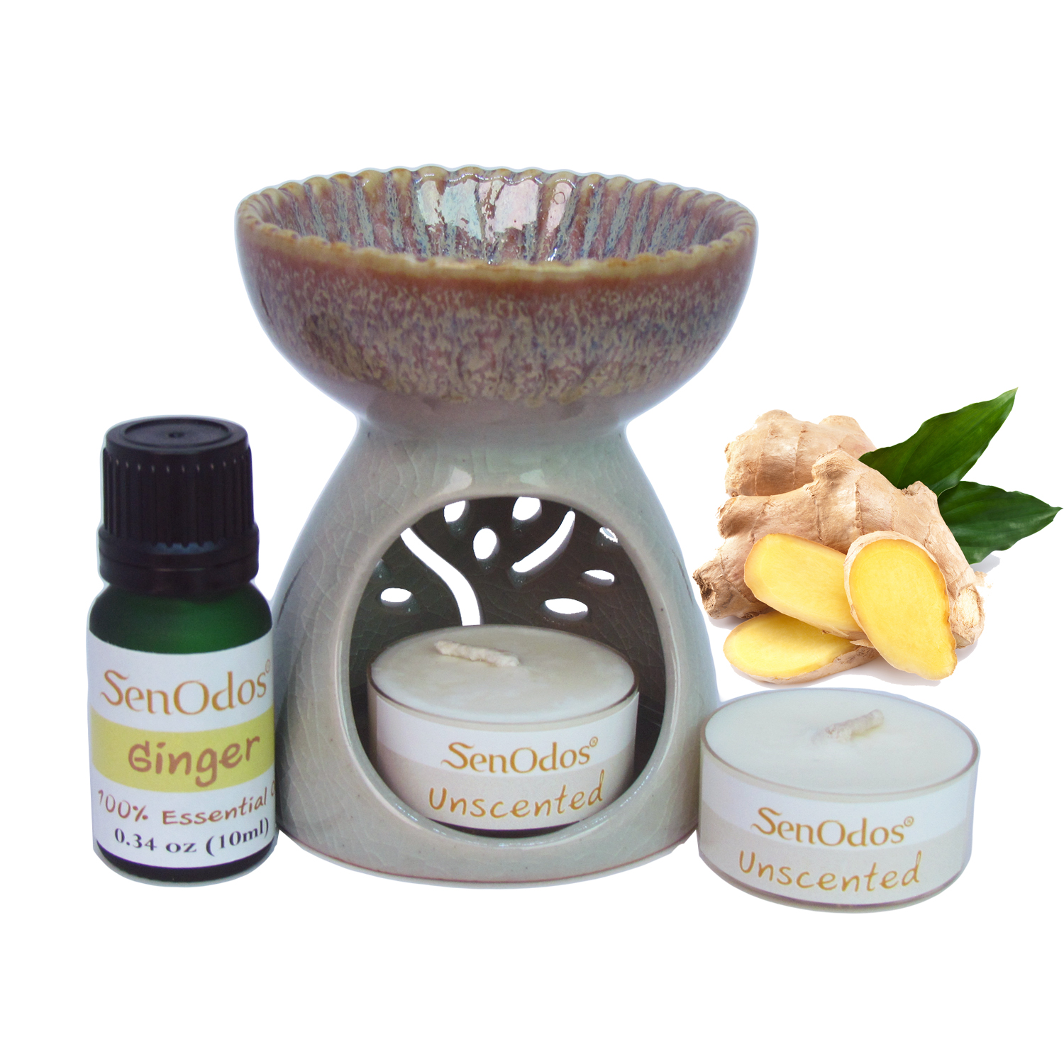 ชุดเซ็ตน้ำมันพร้อมเตาเผา กลิ่นจินเจอะ (ขิง) Ginger Essential Oil 10ml + เตาเผาน้ำมันหอมระเหย เซรามิค เครื่องปั้นดินเผา เนื้อศิลาดล สีเขียวหยก ลวดลายใบมะกอก และลายน้ำไหลหลากสีสวยงาม (แถมฟรี!! เทียนไขถั่วเหลืองบริสุทธิ์ 15 g. X 2 ชิ้น ราคา 120 บาท)