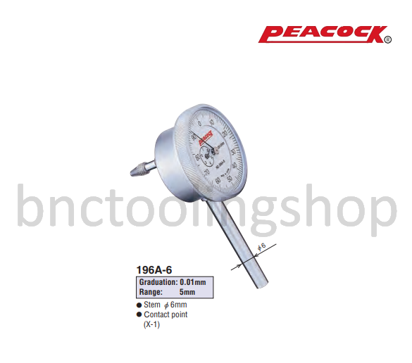 ไดอัลเกจ ขนาด 5มิล ความละเอียด 0.01มิล,Back plunger type Dial Gauges Range 5mm Graduation 0.01mm,Peacock,196A-6