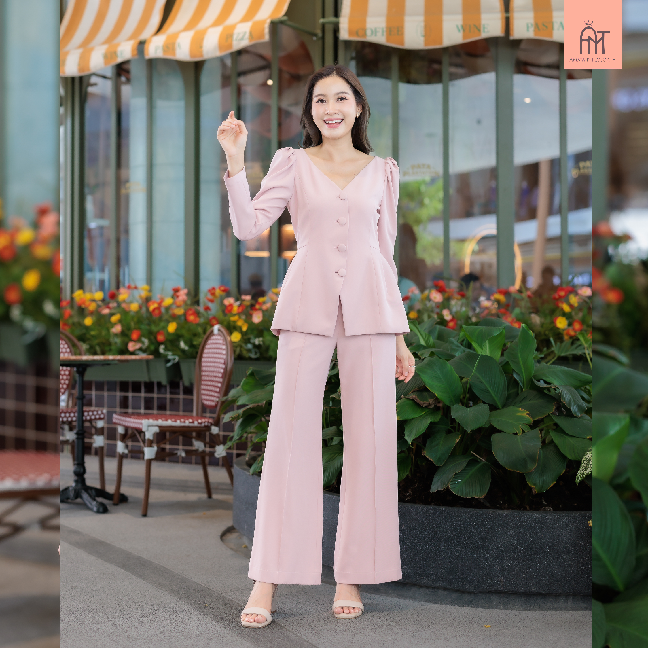 AMATA เสื้อ FLORENCE สีชมพู ครีมเบจ