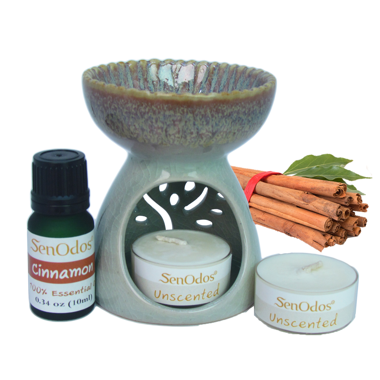 SenOdos ชุด เตาเผา น้ำมันหอมระเหย เซรามิค เครื่องปั้นดินเผา เนื้อศิลาดล สีเขียวหยก + น้ำมันหอมระเหยแท้ กลิ่นซินนามอน (อบเชย) 10 ml. (แถมฟรี!! เทียนไขถั่วเหลืองบริสุทธิ์ 15 g. X 2 ชิ้น ราคา 120 บาท) บรรจุใน กล่องไม้สน รูปทรงเหลี่ยม สวยงาม คุณภาพดี