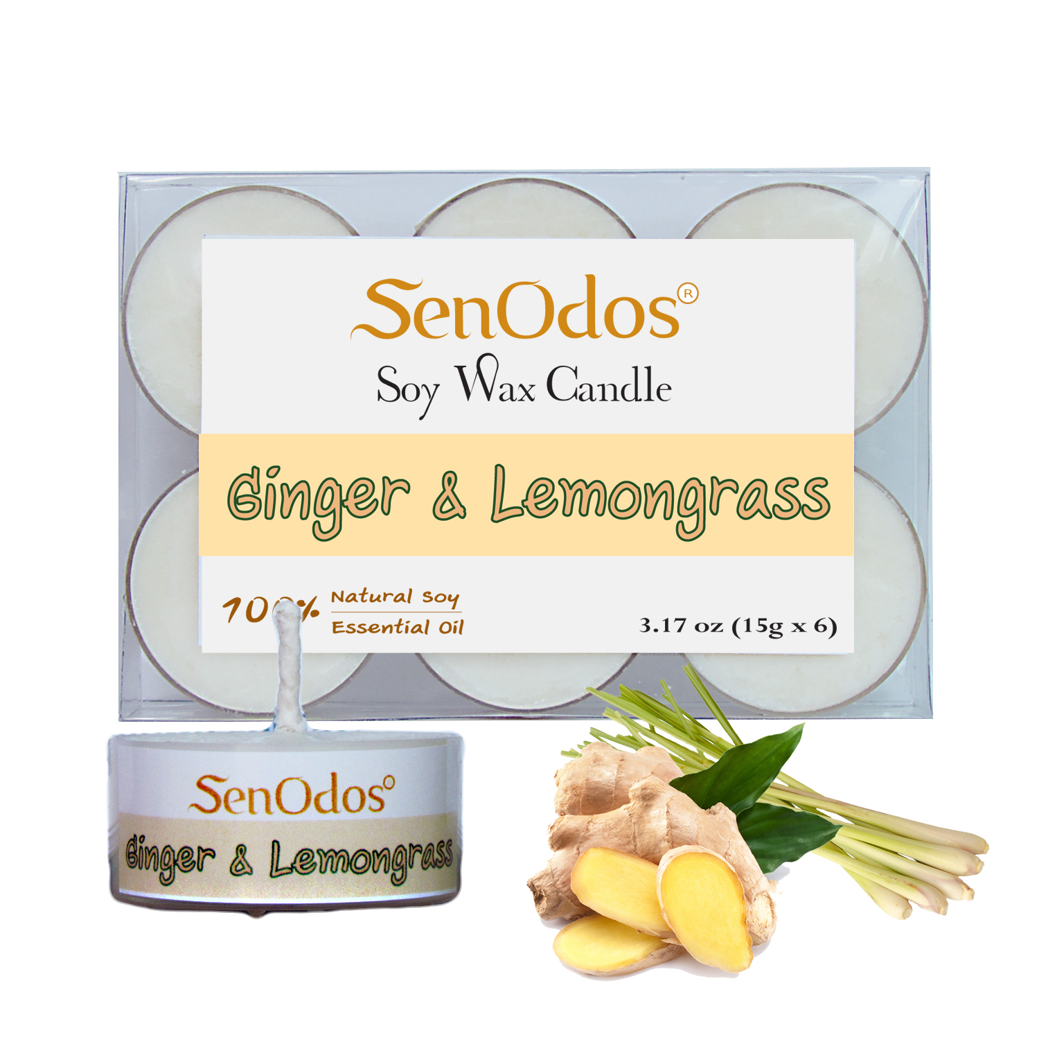 เทียนหอม เทียนทีไลท์ อโรม่า เทียนหอมสปา Ginger + Lemongrass Tealight Soy Candle Aroma 15g x6 PCS - กลิ่นขิง + ตะไคร้