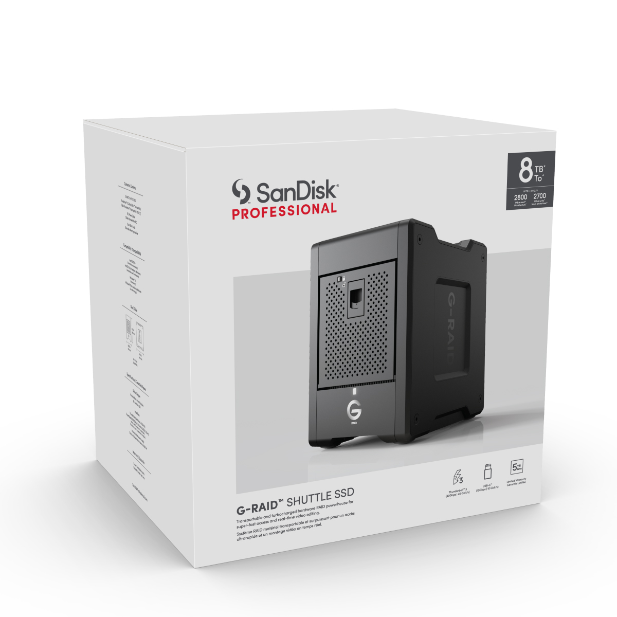 G-RAID SHUTTLE SSD 8TB ,16TB, 32TB (SDPS24H) Transportable, 8-bay External Solid State Drive; Thunderbolt 3 and USB-C; hardware RAID; up to 2800MB/s read SanDisk Professional