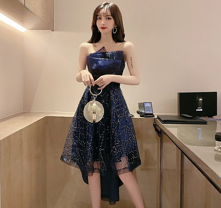 ชุดราตรีสีน้ำเงิน ดีไซน์กระโปรงหน้าสั้นหลังยาว ส่งฟรี