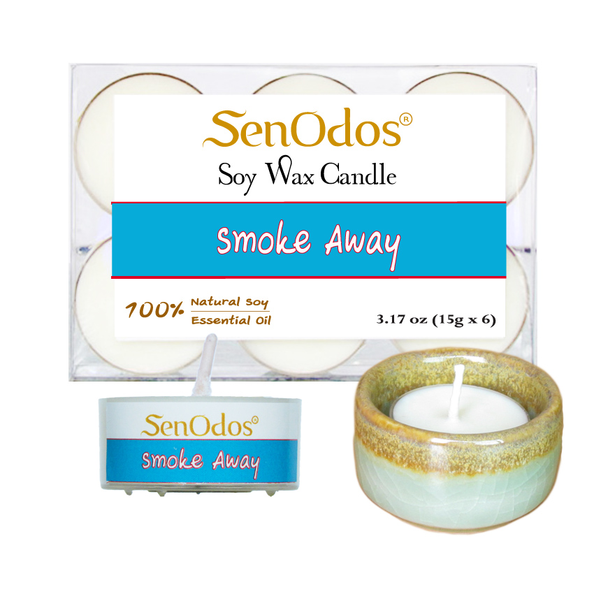 SenOdos เทียนหอม อโรม่า เทียนทีไลท์ Tealight Set Smoke Away Soy Candles 15g. (6 PCS) + เชิงเทียน ที่วางเทียนทีไลท์ ศิลาดล (เซลาดล) สีเขียวหยกขอบทอง