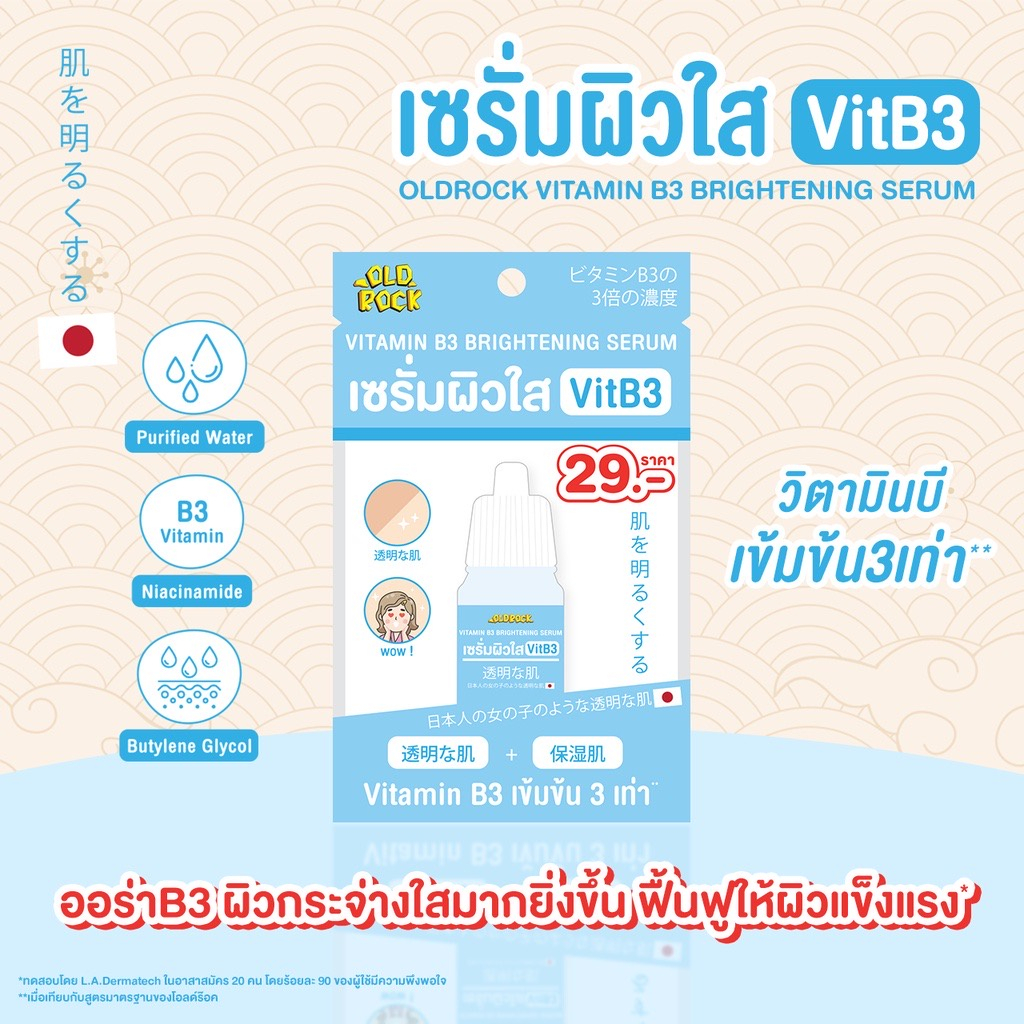 OLD ROCK Vitamin B3 Brightening Serum 10ml. โอลด์ร็อค เซรั่มผิวใส VitB3 เข้มข้น 3 เท่า ผิวกระจ่างใสมากยิ่งขึ้น ฟื้นฟูให้ผิวแข็งแรง ขนาด 10 มล.