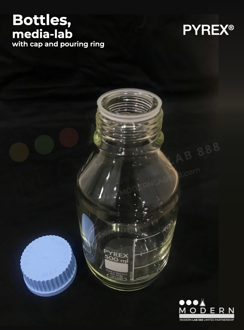 ขวดมีเดีย / Bottles, media-lab, with cap and pouring ring, PYREX