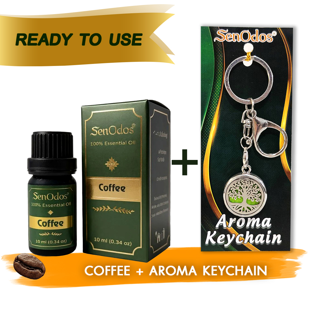 SenOdos น้ำมันหอมระเหยแท้ กลิ่นกาแฟ Coffee Essential Oil 10ml + น้ำหอมพกพา น้ำหอมในรถ พวงกุญแจน้ำหอม (Aroma Keychain / Car Perfume Keyring) ที่ห้อยกระเป๋า ที่ห้อยพวงกุญแจ
