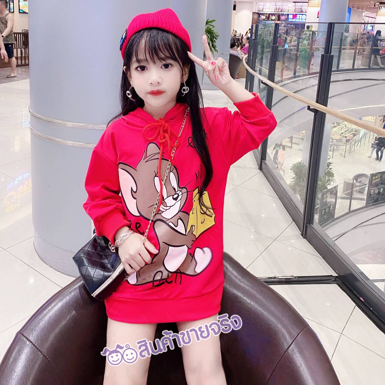 HD10/💜พร้อมส่ง💜ชุดเด็กผู้หญิง เดรสทอม& เจอร์รี่ ผ้านิ่มยืด สกรีนลายการ์ตูนด้านหน้า