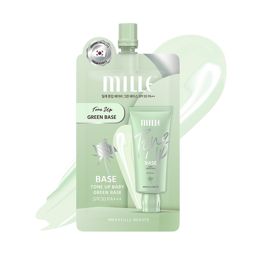 (แบบซอง) MILLE TONE UP BABY GREEN BASE SPF30PA++6G. MILLE เบสเขียว ช่วยปกปิดรอยแดง อำพรางรูขุมขน ช่วยควบคุมความมัน ขนาด 6 กรัม