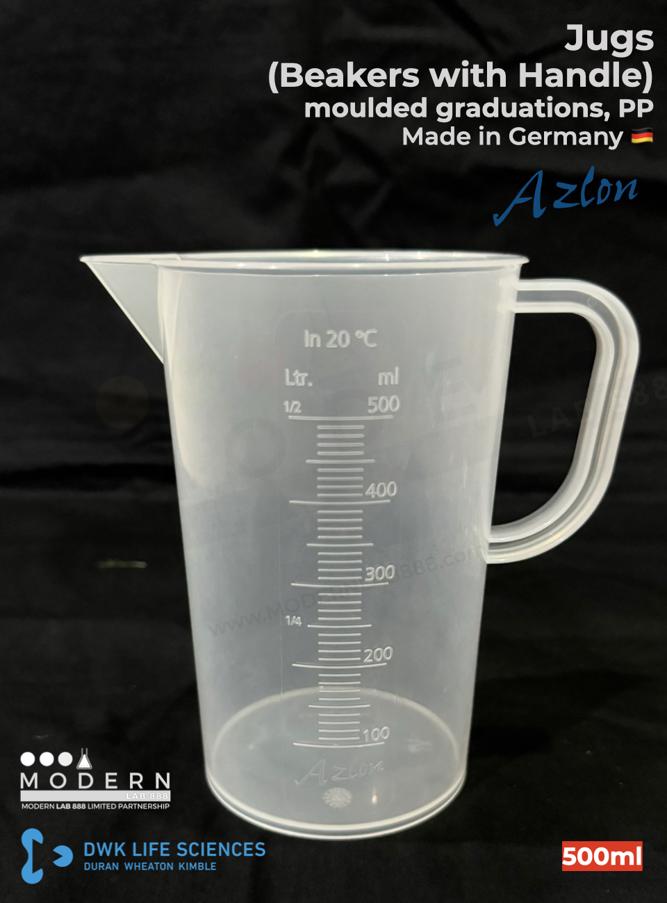 บีกเกอร์มีหูจับ พลาสติก PP แบบสเกลตัวนูน / Jug, moulded graduations, PP, "AZLON"