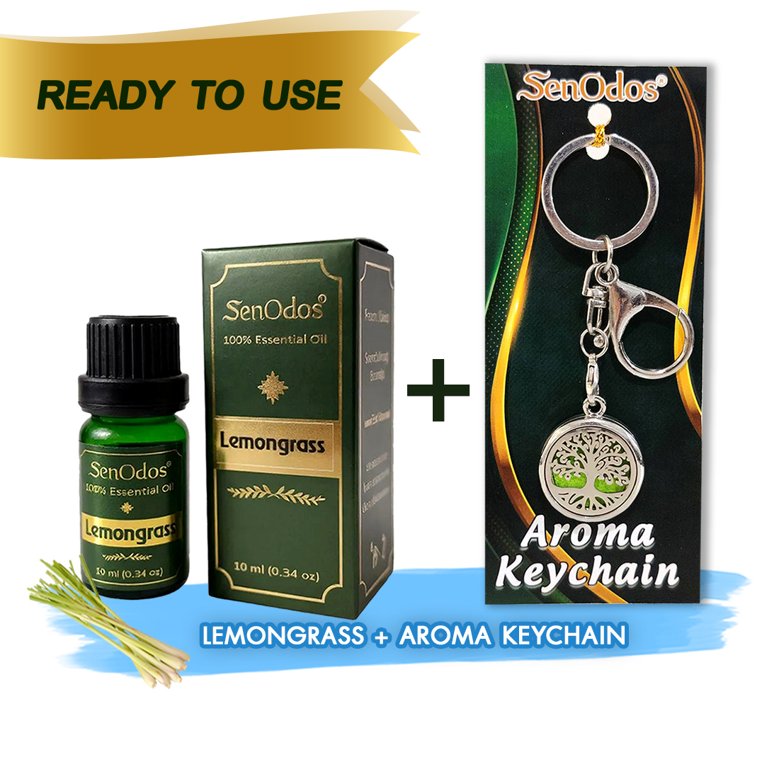 SenOdos น้ำมันหอมระเหยแท้ กลิ่นตะไคร้ Lemongrass Pure Essential Oils 10 ml + น้ำหอมพกพา น้ำหอมในรถ พวงกุญแจน้ำหอม (Aroma Keychain / Car Perfume Keyring) ที่ห้อยกระเป๋า ที่ห้อยพวงกุญแจ