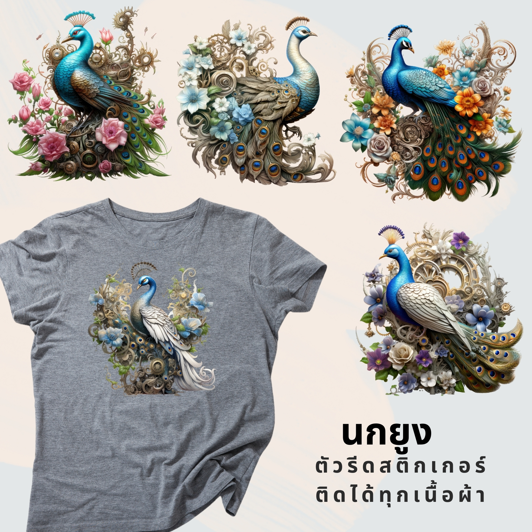 เซทสุดคุ้ม ตัวรีดติดเสื้อ นกยูง Steampunk แบบสติกเกอร์ ขนาดแผ่น20Cm รีดแล้วลอก สกรีนลายDIY ตัวรีด DFT DTF