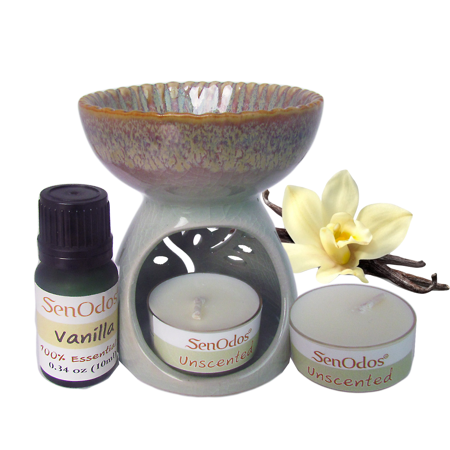 ชุดน้ำมันหอมระเหยแท้ กลิ่นวานิลลา 10 ml. + เตาเผาน้ำมันหอมระเหย เซรามิค เครื่องปั้นดินเผา เนื้อศิลาดล สีเขียวหยก ลวดลายใบมะกอก และลายน้ำไหลหลากสีสวยงาม (แถมฟรี!! เทียนไขถั่วเหลืองบริสุทธิ์ 15 g. X 2 ชิ้น ราคา 120 บาท)