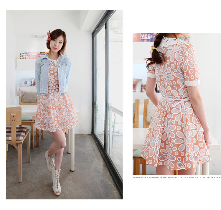 ชุดเดรสผ้าลายดอกไม้สีส้มอิฐ ส่งฟรี ems