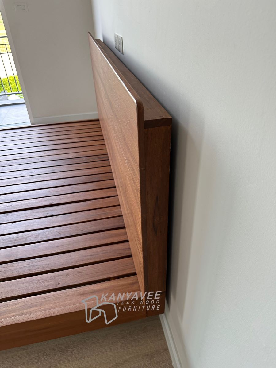 เตียงไม้สักพื้นระแนงขอบมน 6ฟุต สีสักด้าน