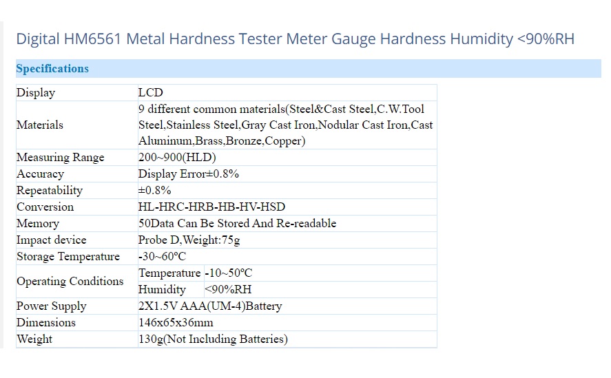 เครื่องวัดความแข็งโลหะ, Digital HM6561 Metal Hardness Tester Meter Hardness Humidity <90%RH