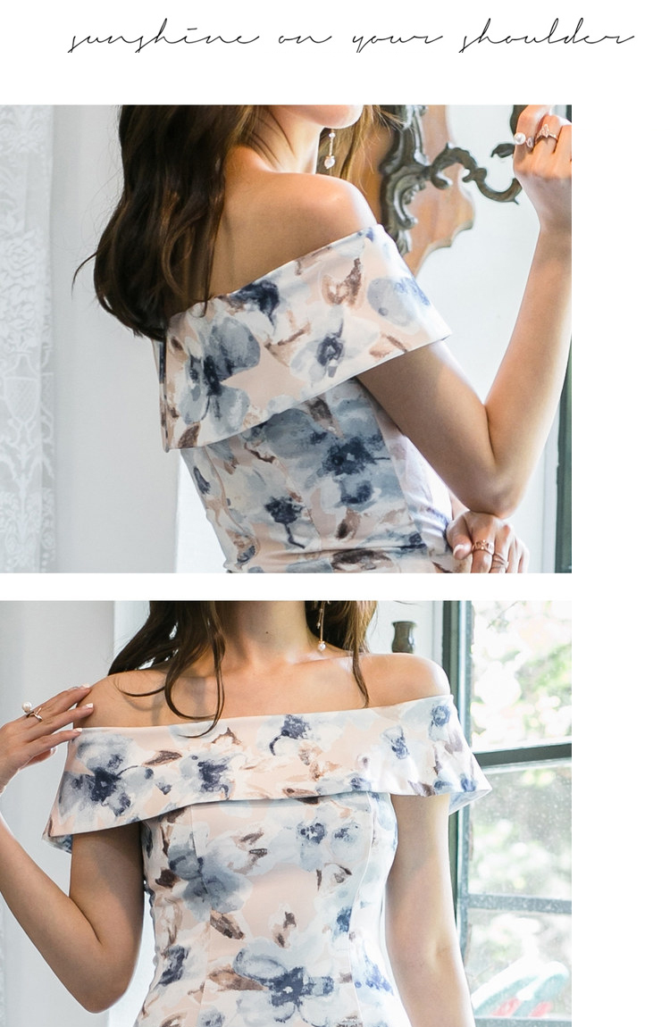 ชุดเดรสออกงานพิมพ์ลายดอกไม้โทนสีน้ำเงิน ส่งฟรี ems