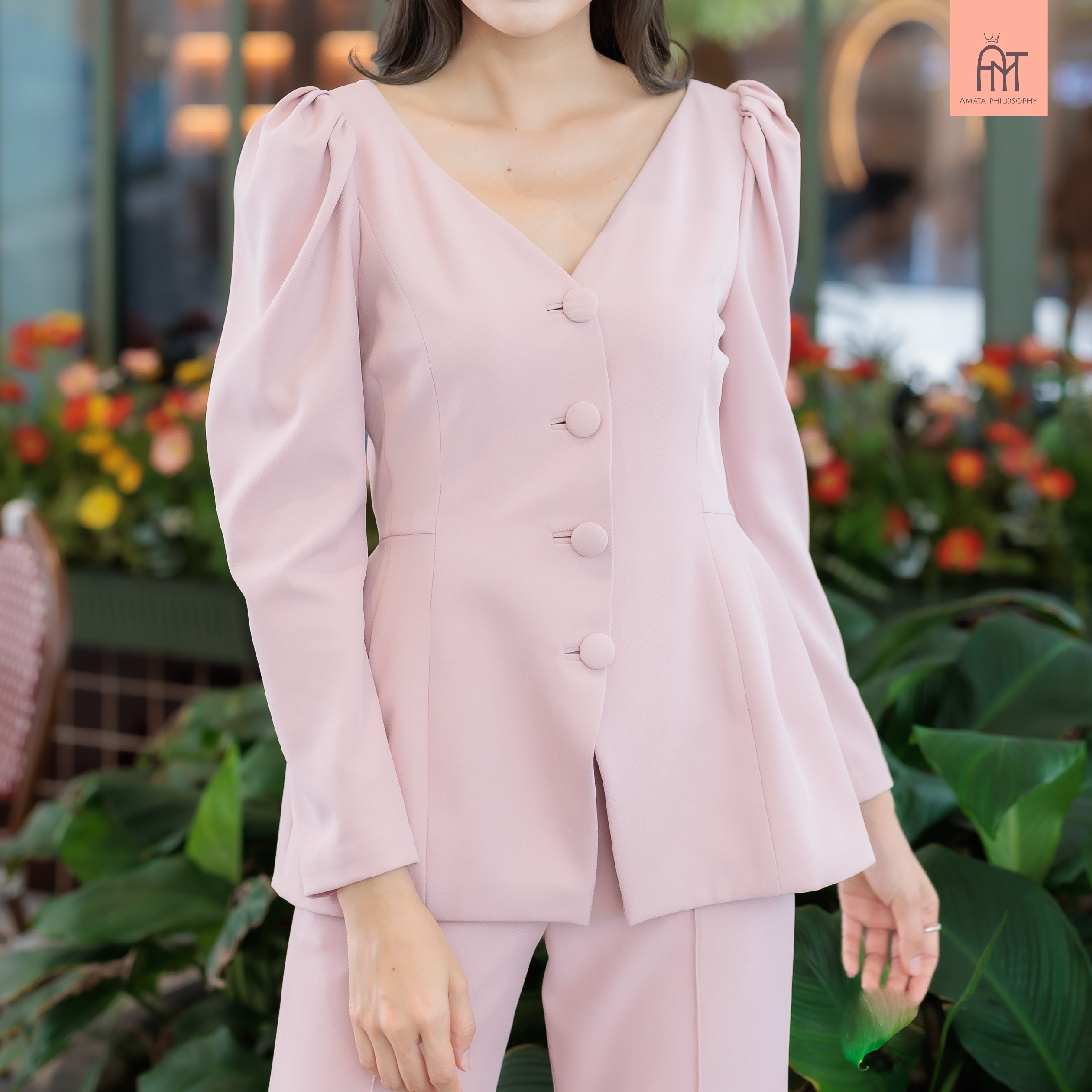 AMATA เสื้อ FLORENCE สีชมพู ครีมเบจ