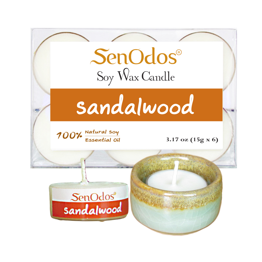 SenOdos เทียนหอมอโรม่า เทียนทีไลท์ Tealight Set Sandalwood Soy Candles - กลิ่นไม้หอมแก่นจันทร์แท้ 15 g. (6 PCS) + เชิงเทียน ที่วางเทียนทีไลท์ ศิลาดล (เซลาดล) สีเขียวหยกขอบทอง