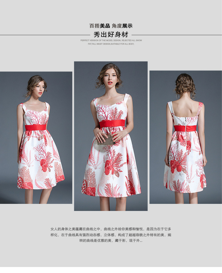 ชุดเดรสสายเดี่ยวสีขาวลายดอกไม้สีแดง ส่งฟรี ems