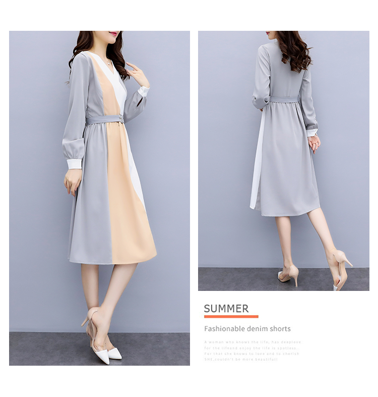 ชุดเดรสใส่ทำงาน ผ้าโพลีเอสเตอร์ผสมสีเทาแขนยาว ส่งฟรี ems