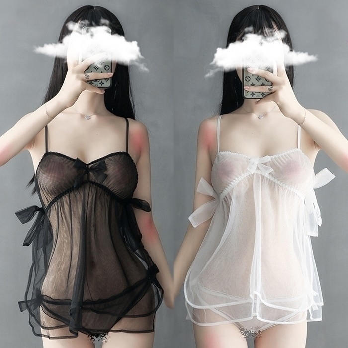 N823 ชุดนอนเซ็กซี่ ชุดนอนซีทรูสวมใส่แบบใช้สายคล้องไหล่ ตัวชุดเย็บตกแต่งโบว์ตามภาพมาพร้อมกับกางเกงในผ้าซีทรูเข้าชุดตามรูปถ่ายสินค้าจริงค่ะ