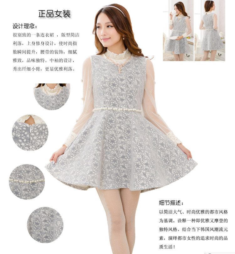 ชุดเดรสผ้า wool ผสมผ้าฝ้าย แขนกุด ซิบด้านหลังลำตัวเนื้อผ้าลายดอกไม้สีเทา ส่งฟรี ems