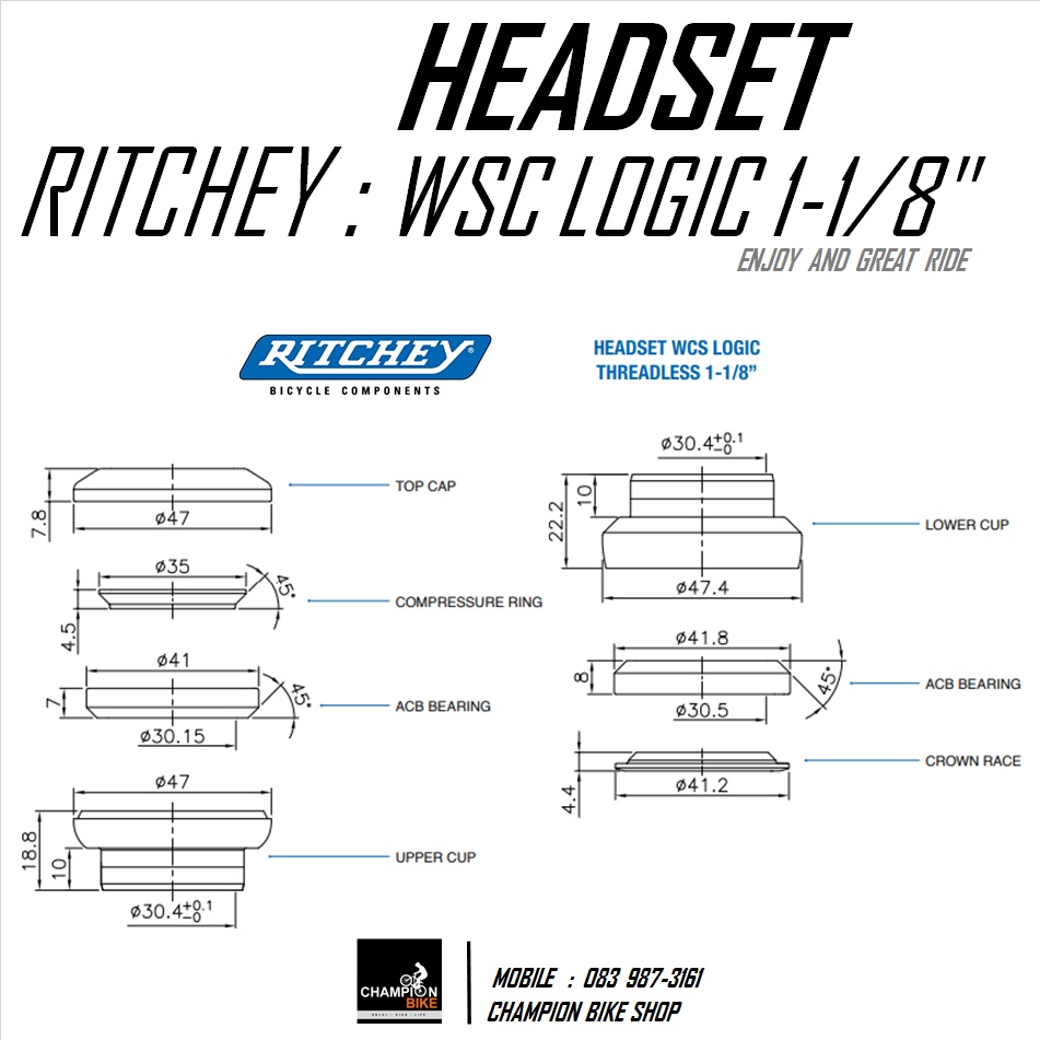 ลูกปืนคอ 1-1/8" นิ้ว RITCHEY : WCS LOGIC 1-1/8" THREADLESS HEADSET สีดำ