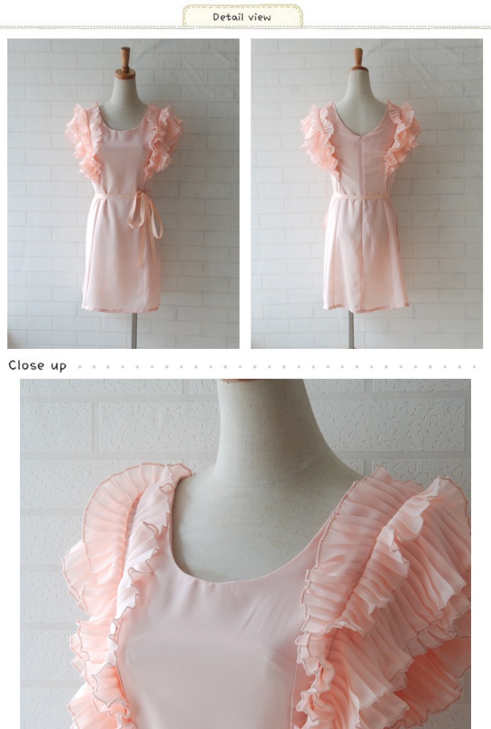 มินิเดรสผ้าไหมสีโอรส แขนเสื้อแต่งด้วยผ้าชีฟองอัดพลีต แขนบ่าล้ำ ส่งฟรี ems