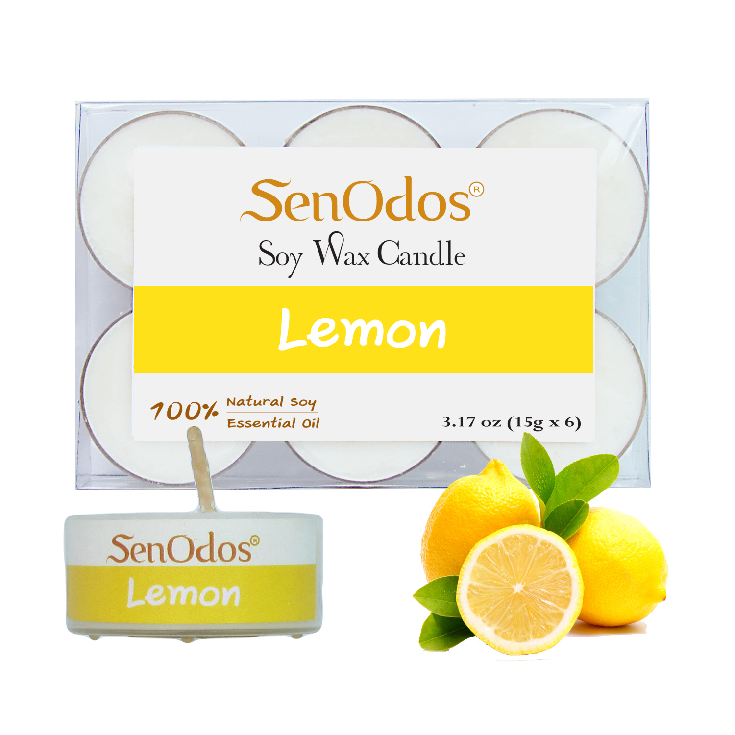 SenOdos เทียนหอม อโรม่า เทียนทีไลท์ Tealight Set Lemon Scented Soy Candles Aroma - กลิ่นเลมอนแท้ 15g. (6 PCS)