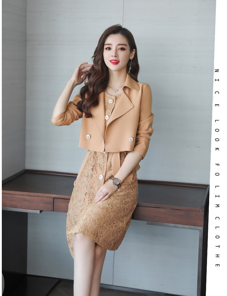 ชุดเซ็ทเดรสและเสื้อสูทสีน้ำตาลอ่อน ส่งฟรี ems