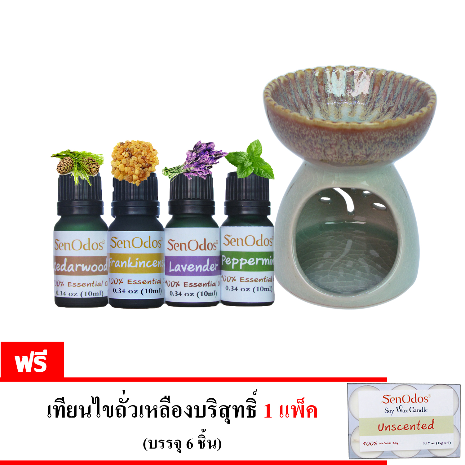 SenOdos ชุดเตาเผา น้ำมันหอม อโรม่า ชุดกลิ่นสำหรับเด็ก Essential Oil For Children Set 10 ml x 4 กลิ่น (กลิ่นซีด้าร์วูด, กลิ่นกำยาน, กลิ่นลาเวนเดอร์, กลิ่นเปปเปอร์มิ้นต์)